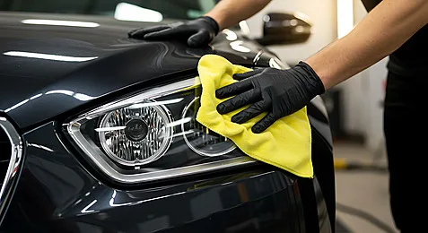 Microfiber towel wiping a clear headlight